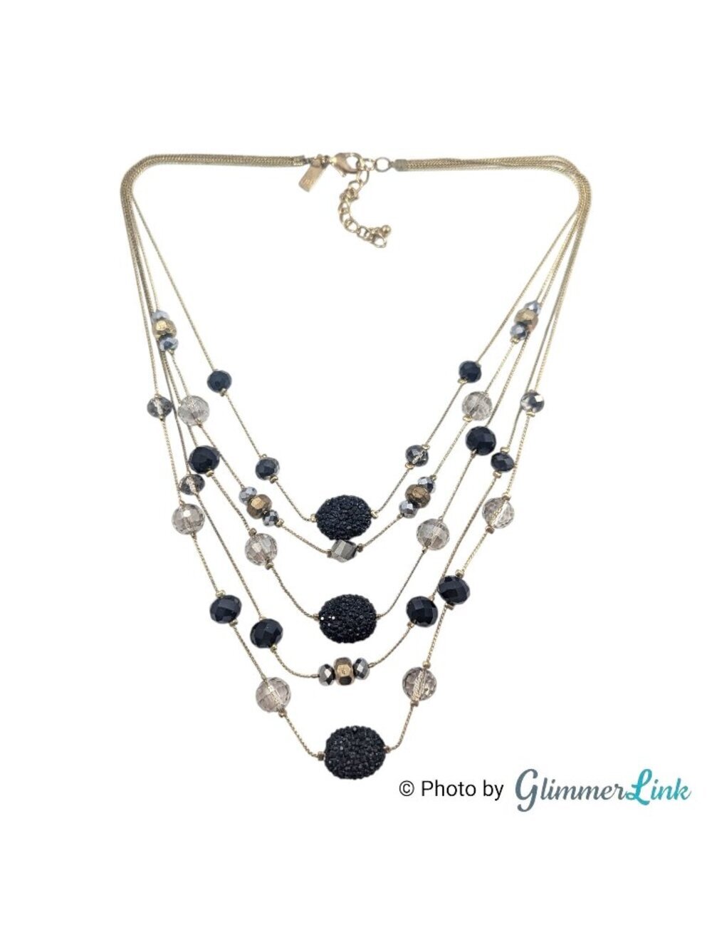 INC Gold Tone Layered Faux Druzy Bead Necklace Black Silver Champagne